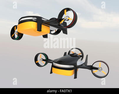 Two drones flying in the sky. Fast delivery concept. Stock Photo