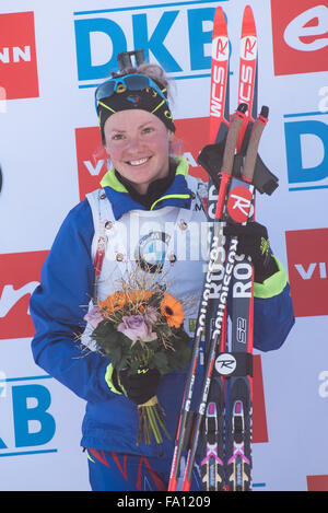 Pokljuka, Slovenia. 19th Dec, 2015. Marie Dorin Habert from France on podium winner of women 10km pursuit at Biathlon World Cup race on Pokljuka. Credit:  Rok Rakun/Pacific Press/Alamy Live News Stock Photo