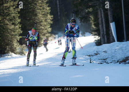 Pokljuka, Slovenia. 19th Dec, 2015. Marie Dorin Habert from France and Laura Dahlmeier from Germany on the course during women 10km pursuit at Biathlon World Cup race on Pokljuka. Credit:  Rok Rakun/Pacific Press/Alamy Live News Stock Photo