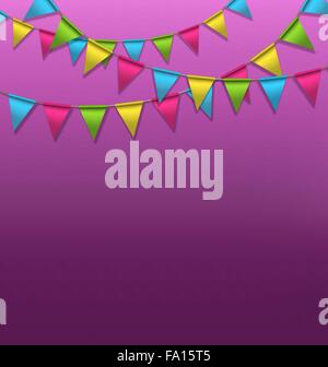 Multicolored bright buntings garlands on violet Stock Vector