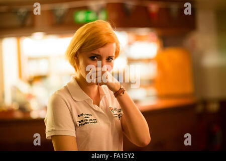 University undergraduate theatre studies student actors performing a site-specific production of the play  'Two' by Jim Cartwright, on location in the bar room of the  Coopers Arms pub, Aberystwyth Wales UK Stock Photo