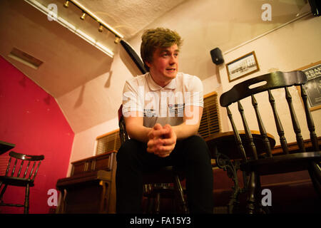 University undergraduate theatre studies student actors performing a site-specific production of the play  'Two' by Jim Cartwright, on location in the bar room of the  Coopers Arms pub, Aberystwyth Wales UK Stock Photo