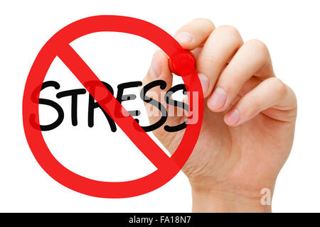 Hand drawing Stress prohibition sign concept with marker on transparent wipe board. Reduce stress. Stock Photo