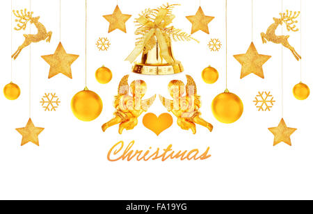 Large set of a beautiful golden Christmas decorations isolated on white background, collection of traditional tree ornament Stock Photo