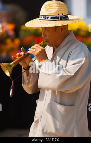 A mature Korean man in traditional gray clothes and straw hat playing, blowing into an old flute like reed instrument, taepyeong Stock Photo