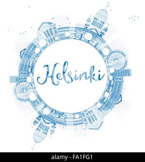 Outline Helsinki skyline with blue buildings and copy space. Business travel and tourism concept with place for text. Stock Vector