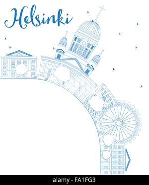 Outline Helsinki skyline with blue buildings and copy space. Business travel and tourism concept with place for text. Stock Vector