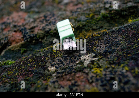 Broken part from a mobile phone laying on a rock covered with moss Stock Photo