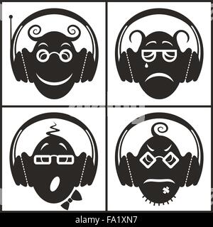 Conceptual set of funny extraterrestrial emoticon icons; vector print illustration of heads in headphones listening to the music Stock Vector