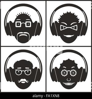 Conceptual icon set of funny emoticons with headphones; vector print illustration of heads listening to different music and maki Stock Vector