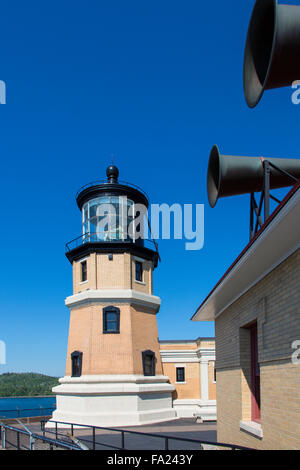 Historic Spilt Rock Lighthouse on the north shore of Lake Superior in Minnesota on cliff high above lake Superior Stock Photo