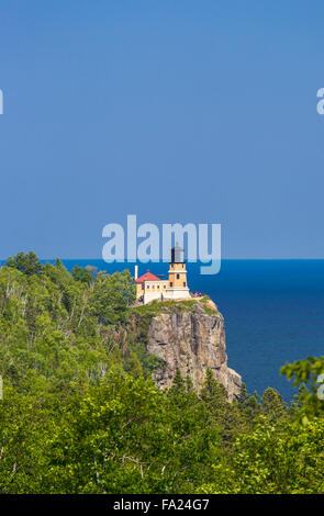 Historic Spilt Rock Lighthouse on the north shore of Lake Superior in Minnesota on cliff high above lake Superior Stock Photo