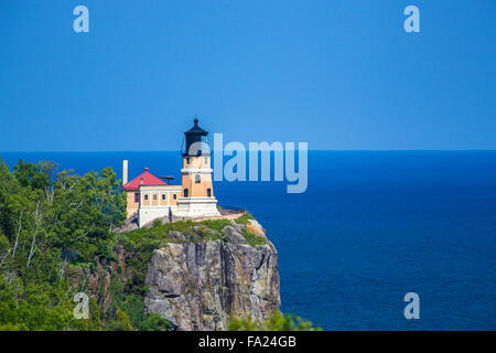 Historic Spilt Rock Lighthouse on the north shore of Lake Superior in Minnesota on cliff high above lake Superior Stock Photo