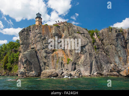 Historic Spilt Rock Lighthouse on the north shore of Lake Superior in Minnesota on cliff high above lake Superior Stock Photo