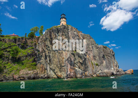 Historic Spilt Rock Lighthouse on the north shore of Lake Superior in Minnesota on cliff high above lake Superior Stock Photo