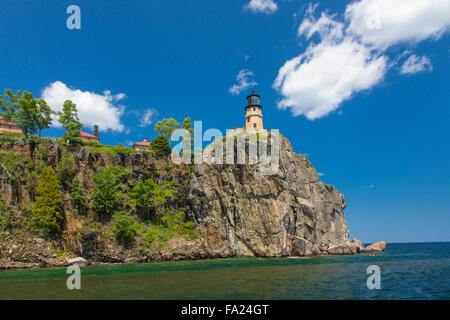 Historic Spilt Rock Lighthouse on the north shore of Lake Superior in Minnesota on cliff high above lake Superior Stock Photo