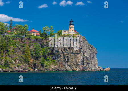 Historic Spilt Rock Lighthouse on the north shore of Lake Superior in Minnesota on cliff high above lake Superior Stock Photo