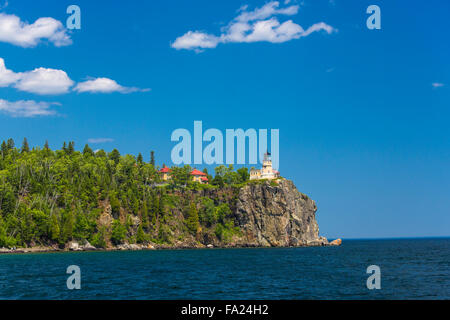 Historic Spilt Rock Lighthouse on the north shore of Lake Superior in Minnesota on cliff high above lake Superior Stock Photo