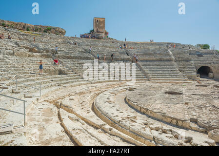 Sicily Greek ruins, detail of the auditorium of the ancient Greek theatre in the Archaeological Park at Syracuse Siracusa Sicily Stock Photo