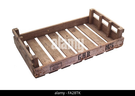 Old Wooden Orchard Crate isolated on a white background, Made by J.G. Cutting of Grimsby in 1975 Stock Photo
