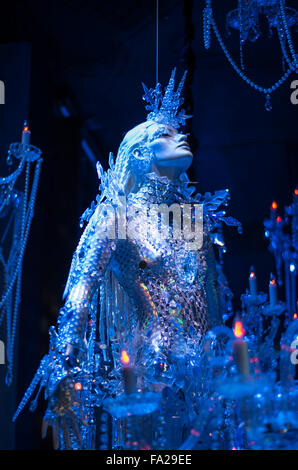 Saks, 5th Avenue, winter Christmas window display of an ethereal blue ice queen in New York City, USA 2015 Stock Photo