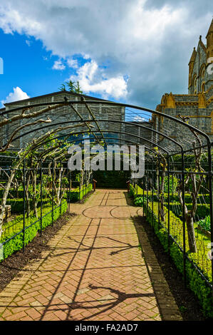 A rose covered  arcaded walk passes through the physic garden which displays a large variety of herbs and poisonous plants Stock Photo