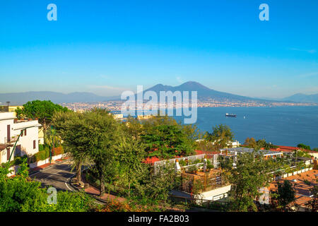 Panorama of Naples City and Vesuvius Volcano seen from Belvedere Antonio Iannello. Stock Photo