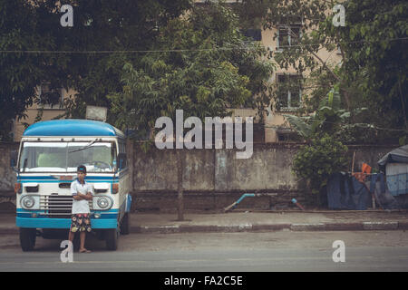 Vintage HIno buses still in operation as public transportaion in Yangon, Myanmar. Stock Photo