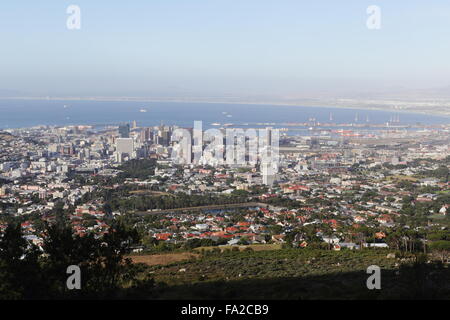 Aerial view of Cape Town central business district (CBD) and Table Bay, viewed from the slopes of Table Mountain Stock Photo