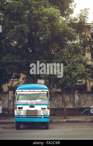 Vintage HIno buses still in operation as public transportaion in Yangon, Myanmar. Stock Photo