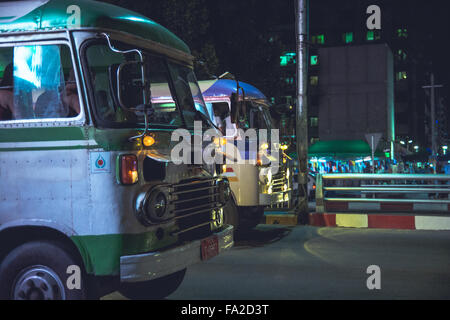 Vintage HIno buses still in operation as public transportaion in Yangon, Myanmar. Stock Photo