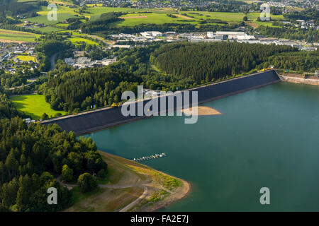 Aerial view, lowered water levels in the Biggetalsperre to repair the Felsschuettdammes in the urban area Attendorn, dam, Stock Photo