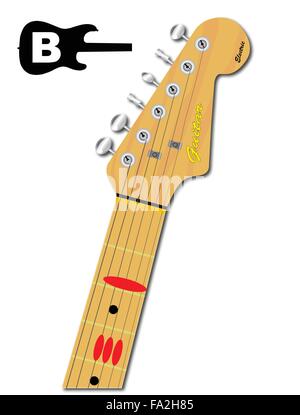 An electric guitar neck with the chord shape for B major indicated with red buttons Stock Vector