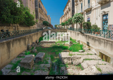 Greek ruins Sicily, view of the remains of an ancient Greek street in the center of Ortigia (Ortygia) Syracuse, Siracusa, Sicily. Stock Photo