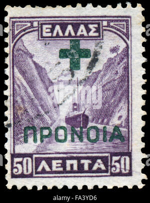 GREECE - CIRCA 1927: a stamp printed in Greece shows Corinth Canal Stock Photo