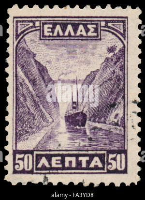 GREECE - CIRCA 1927: a stamp printed in Greece shows Corinth Canal Stock Photo