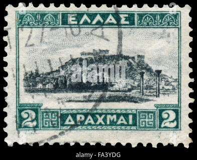 GREECE - CIRCA 1927: a stamp printed in Greece shows The Acropolis of Athens Stock Photo