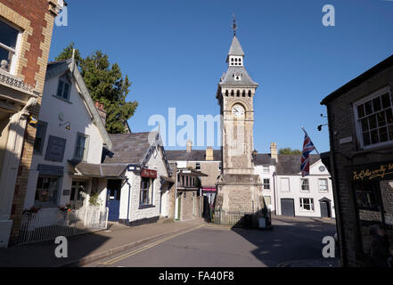The Victorian clock tower at the junction of Lion street and Belmont road in Hay On Wye, Powys, Wales, UK Stock Photo