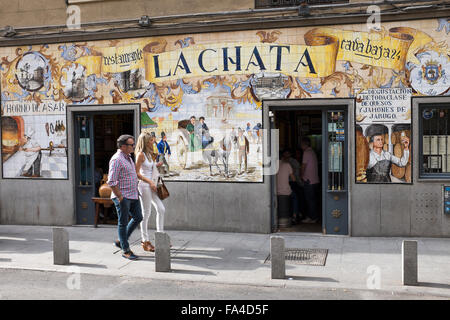 Painted Decorative Tiles outside La Chata Bar Cafe in Calle Cava Baja Madrid Stock Photo