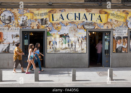 Painted Decorative Tiles outside La Chata Bar Cafe in Calle Cava Baja Madrid Stock Photo