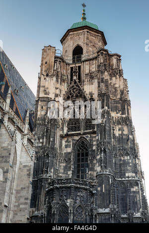 Tower of St. Stephen Cathedral or Stephansdom in Vienna, Austria. Dark evening natural illumination Stock Photo