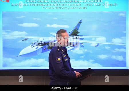 Moscow, Russia. 21st Dec, 2015. Deputy chief of the Russian Armed Forces' flight safety service Sergei Bajnetov attends a press conference in Moscow, Russia, on Dec. 21, 2015. It is currently impossible to decipher the flight recorder of Russia's Su-24 fighter jet downed by Turkey as the microchips have been damaged, Russian Defense Ministry said Monday. Credit:  Dai Tianfang/Xinhua/Alamy Live News Stock Photo