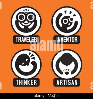 Conceptual set of creative cartoon emoticon icons; vector print illustration of different human types and personality, traveler, Stock Vector