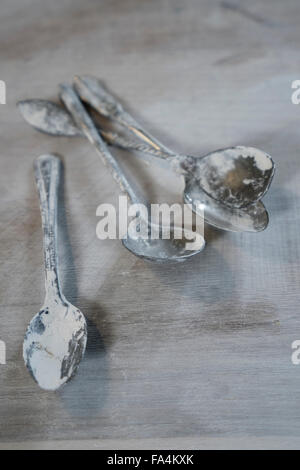 Close-up of pottery sculpting metallic tools on wooden table, Bavaria, Germany Stock Photo