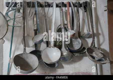 Close-up of pottery sculpting metallic tools hanging on wall, Bavaria, Germany Stock Photo