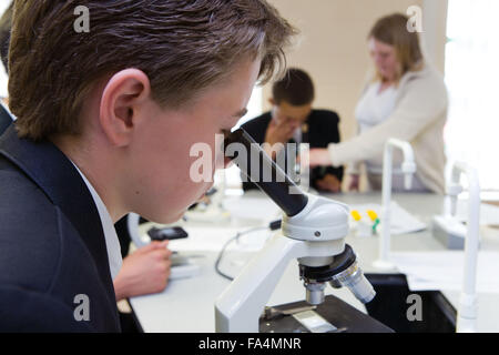 Secondary School students using microscopes to examine dust particles during studying an air quality unit of GCSE Science, Stock Photo