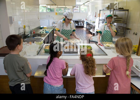 Children standing at counter in school canteen waiting for food,
