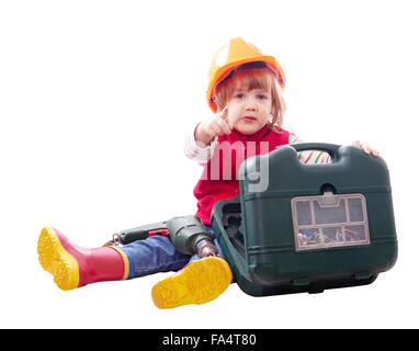 baby in hardhat with drill and toolbox. Isolated over white background Stock Photo