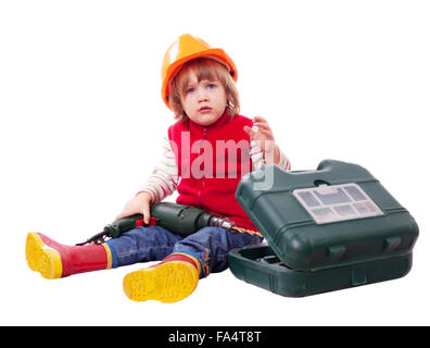 Baby builder in hardhat with working tools. Isolated over white Stock Photo
