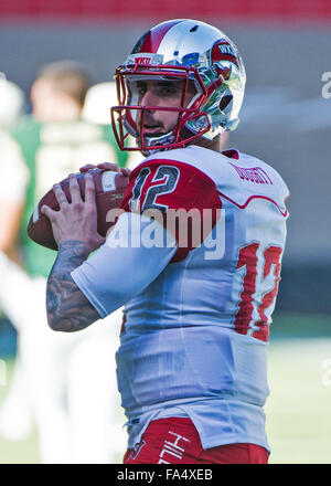 Miami, Florida, USA. Dec. 21st Dec, 2015. Western Kentucky quarterback Brandon Doughty (12) warms up before the start of the Miami Beach Bowl against South Florida at Marlins Park in Miami, Florida on Monday, Dec. 21, 2015. Nick Wagner/CSM/Alamy Live News Stock Photo